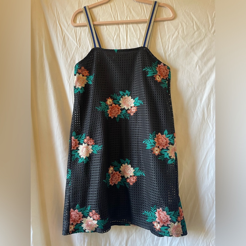 Zara Black Mini Dress with Pink & Green Floral Embroidery